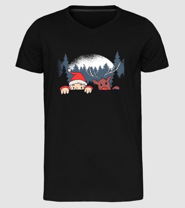 Moș Crăciun și Rudolf trag cu ochiul model negru pe tricou