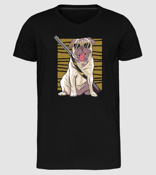 Mops cu pușcă tricou amuzant cu câine model negru pe tricou