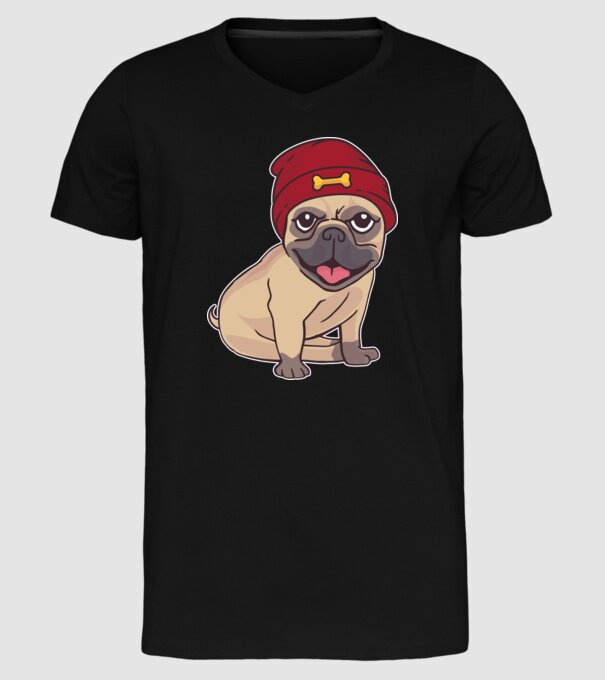 Mops cu șapcă model negru pe tricou