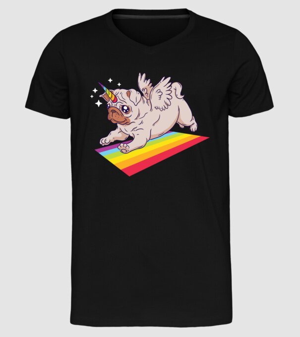 Mops unicorn model negru pe tricou