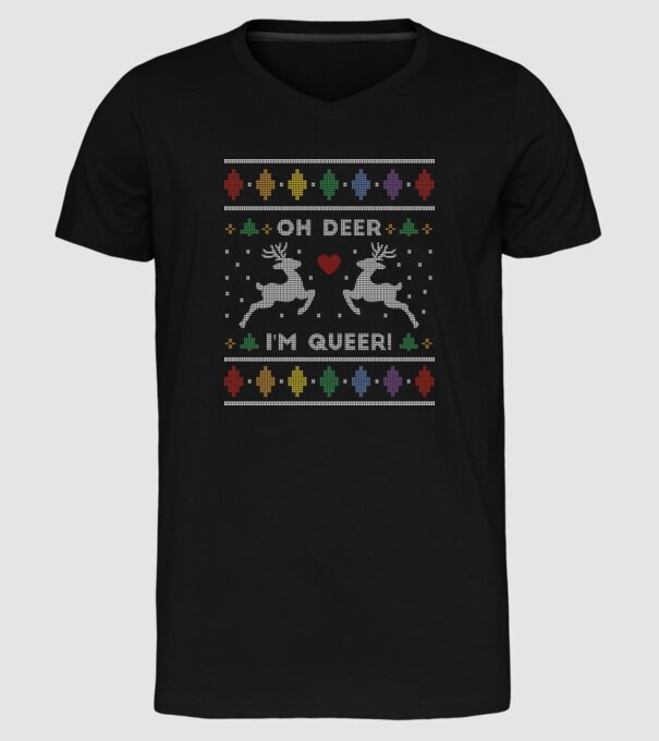 'Oh Deer, I''m Queer Ugly Sweater' model negru pe tricou
