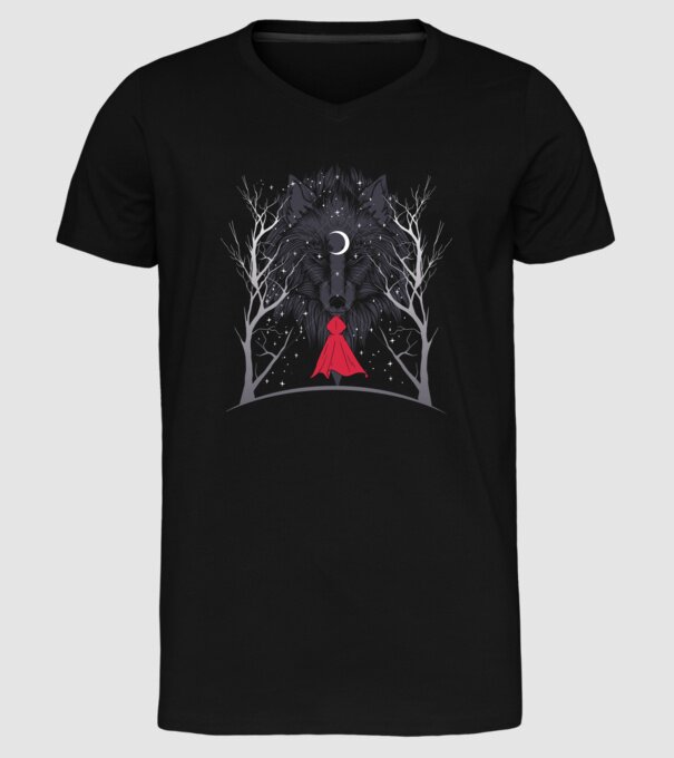 Scufița Roșie și Lupul noaptea tricou model negru pe tricou