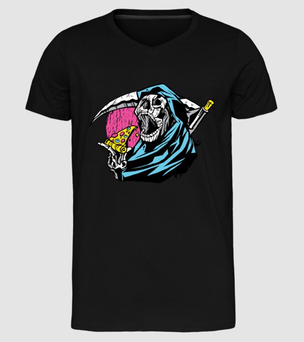 Om cu coasă și pizza model negru pe tricou