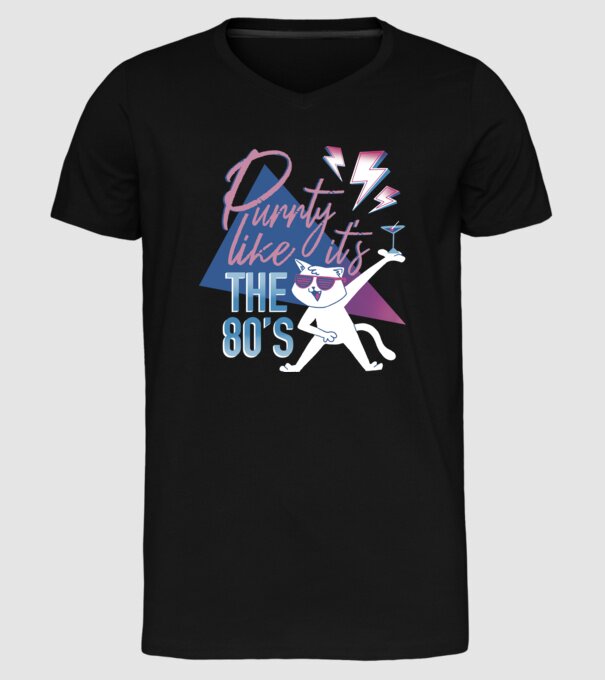 'Purrty Like it''s the 80''s' model negru pe tricou