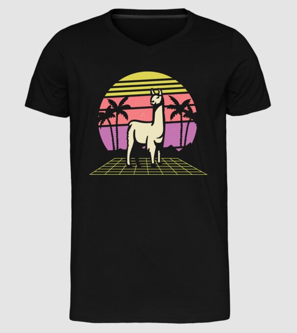 Lama Retro model negru pe tricou