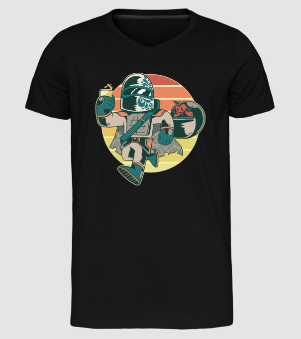 Războinic Mandalorian Retro model negru pe tricou