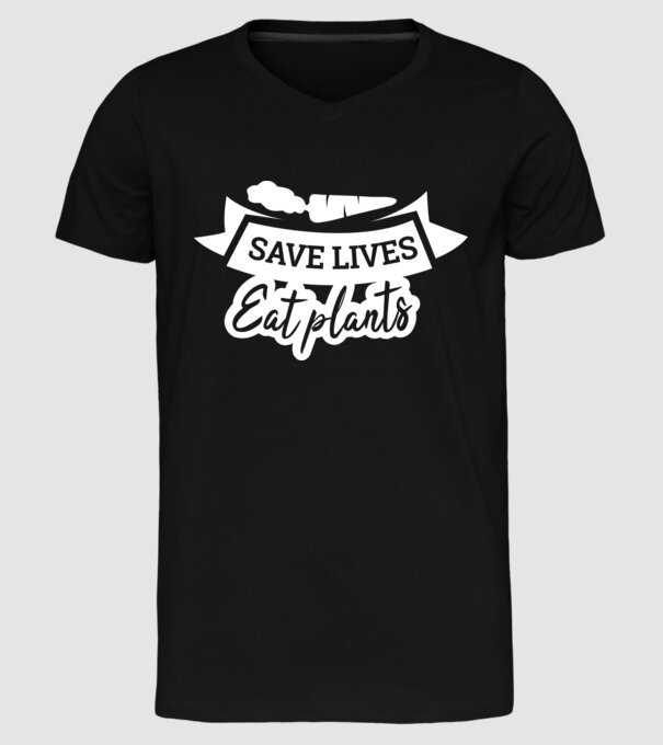 Save lives eat plants model negru pe tricou
