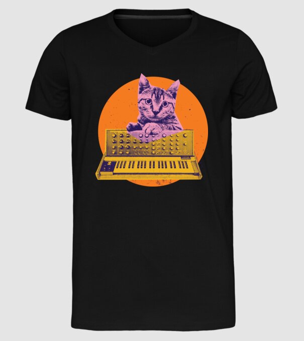 Pisică cu sintetizator model negru pe tricou