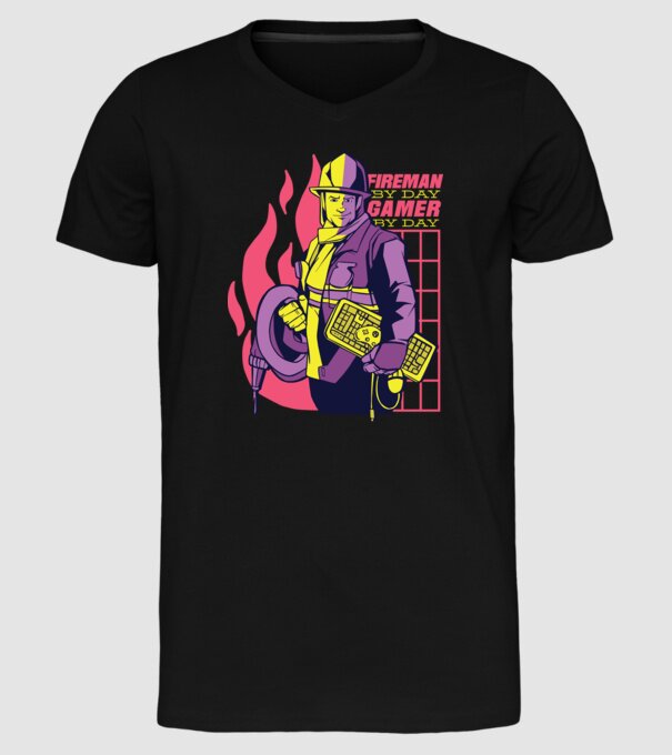 Pompier ziua, Gamer noaptea model negru pe tricou