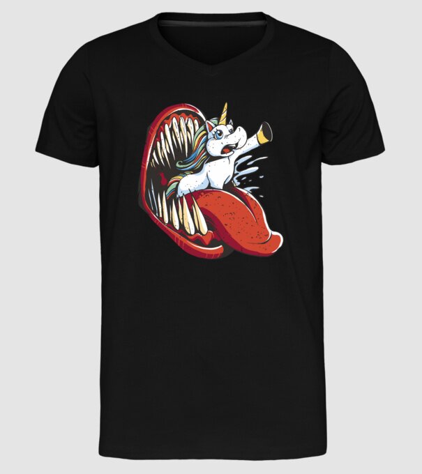 În gura monstrului Unicorn model negru pe tricou