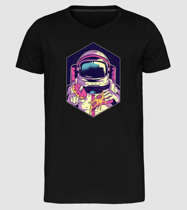 Astronaut Gogoașă și Pizza model negru pe tricou
