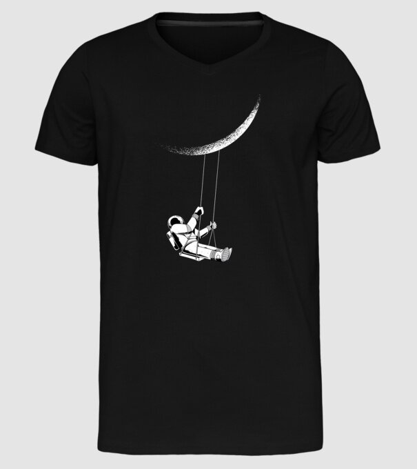 Astronaut care se dă în leagăn pe lună model negru pe tricou