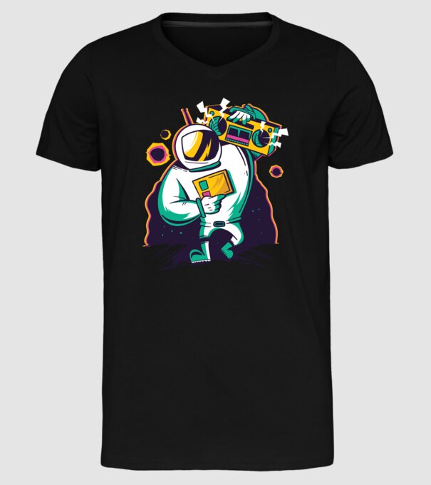 Astronaut cu casetofon model negru pe tricou