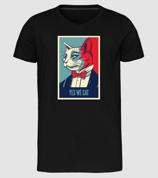 Yes We Cat poster cu pisică model negru pe tricou