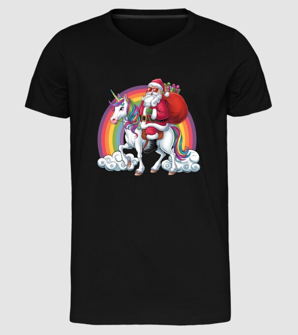 Moș Crăciun cool pe un unicorn 2 model negru pe tricou