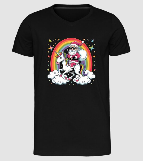 Moș Crăciun cool pe un unicorn model negru pe tricou