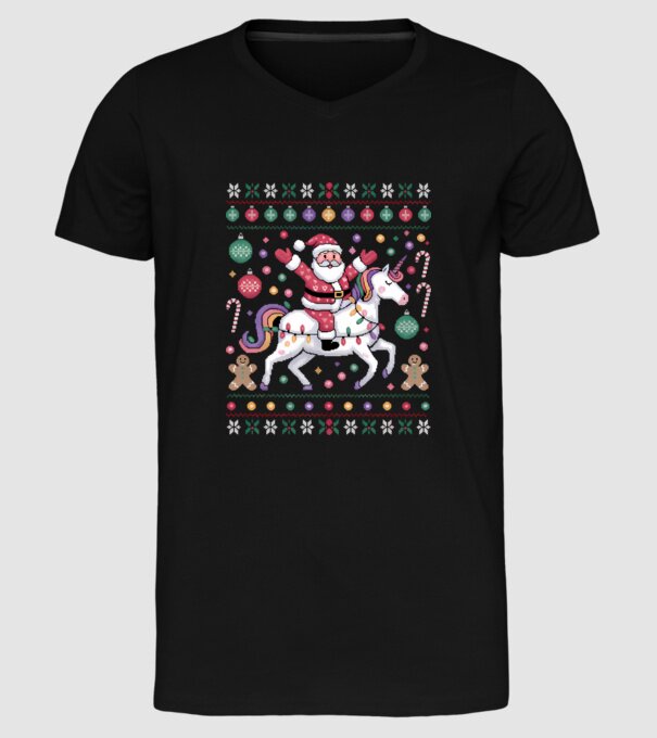 Moș Crăciun pe un pulover urât unicorn model negru pe tricou