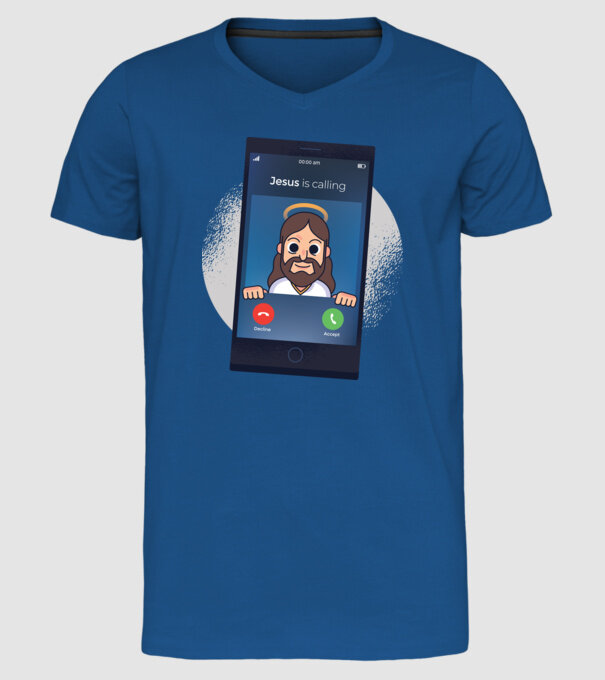 Isus te sună tricou amuzant model albastru regal pe tricou