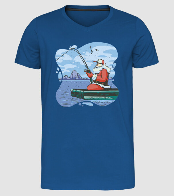 Moș Crăciun la pescuit model albastru regal pe tricou