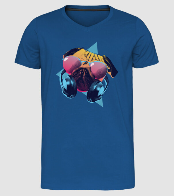 Mops cu căști model albastru regal pe tricou