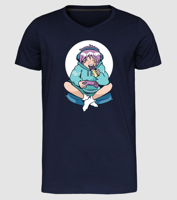 Anime Gamer Fată cu ciocolată model albastru închis pe tricou