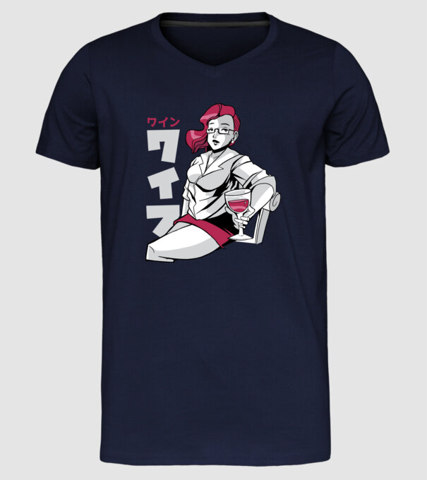 Anime fată cu vin model albastru închis pe tricou