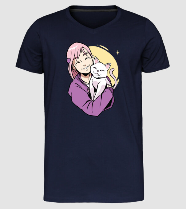 Anime fată cu pisică model albastru închis pe tricou