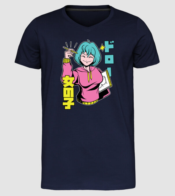 Anime fată desenând model albastru închis pe tricou