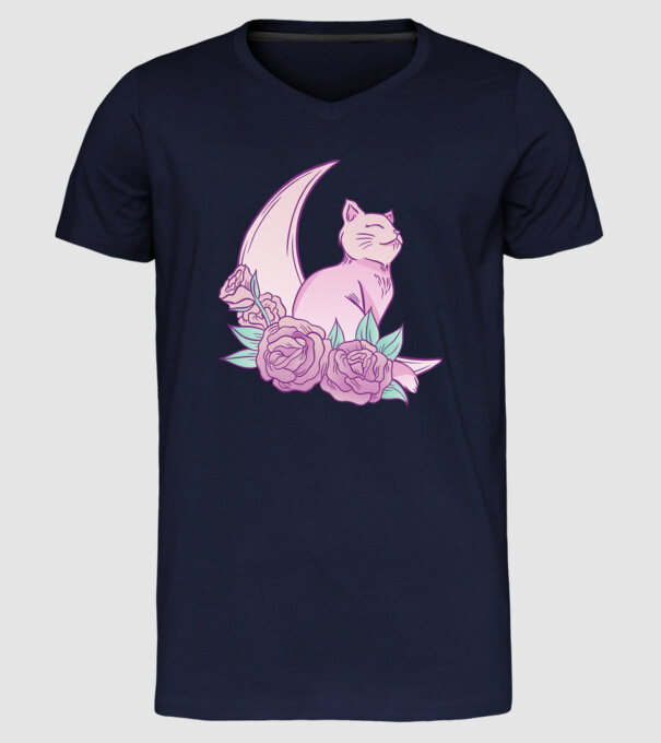 Pisică pe lună model albastru închis pe tricou