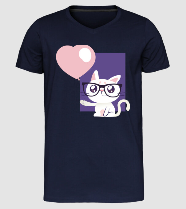 Inimă Pisică cu balon model albastru închis pe tricou
