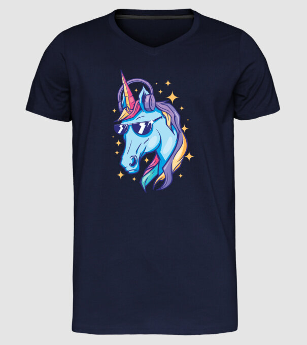 Unicorn strălucitor cu căști model albastru închis pe tricou