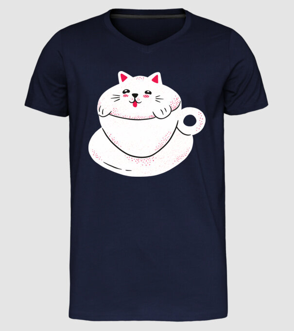 Tricou cafea cu pisică drăguță model albastru închis pe tricou