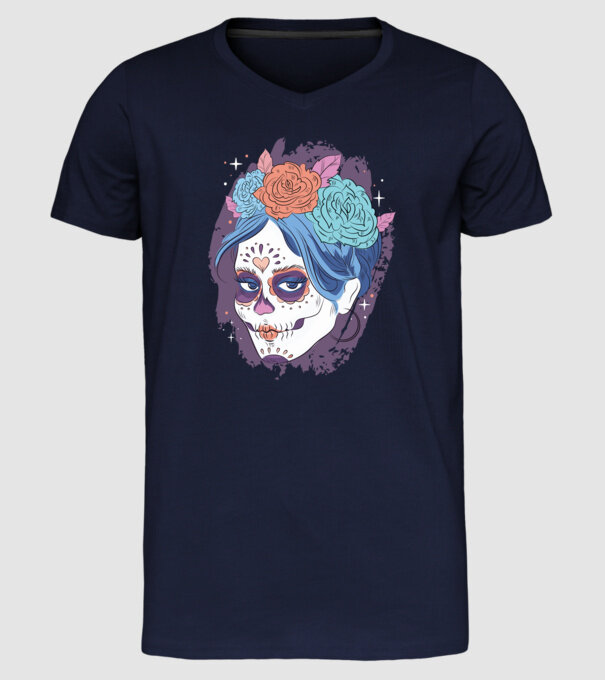 Dia de Los Muertos - Craniu cu flori model albastru închis pe tricou