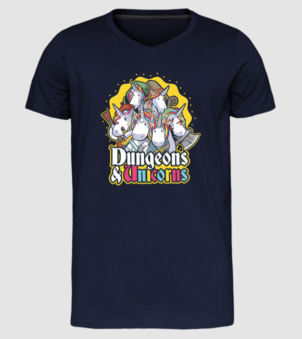 Dungeons and Unicorns model albastru închis pe tricou