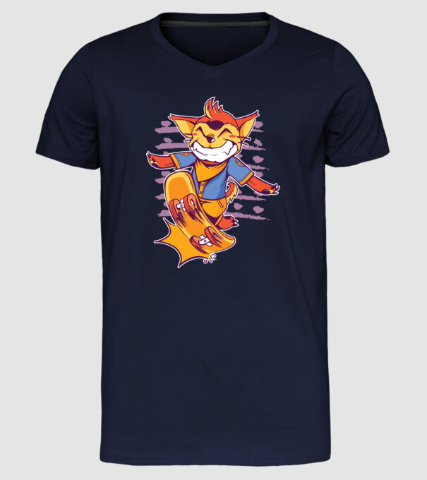 Vulpe Skateboarder model albastru închis pe tricou