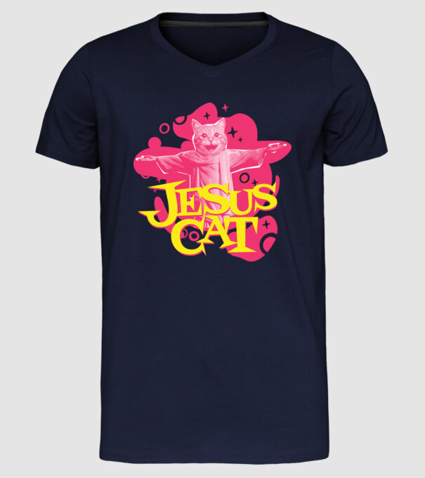 Jesus Cat model albastru închis pe tricou