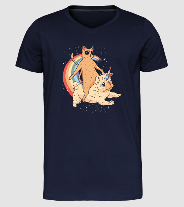 Pisică și Mops unicorn model albastru închis pe tricou