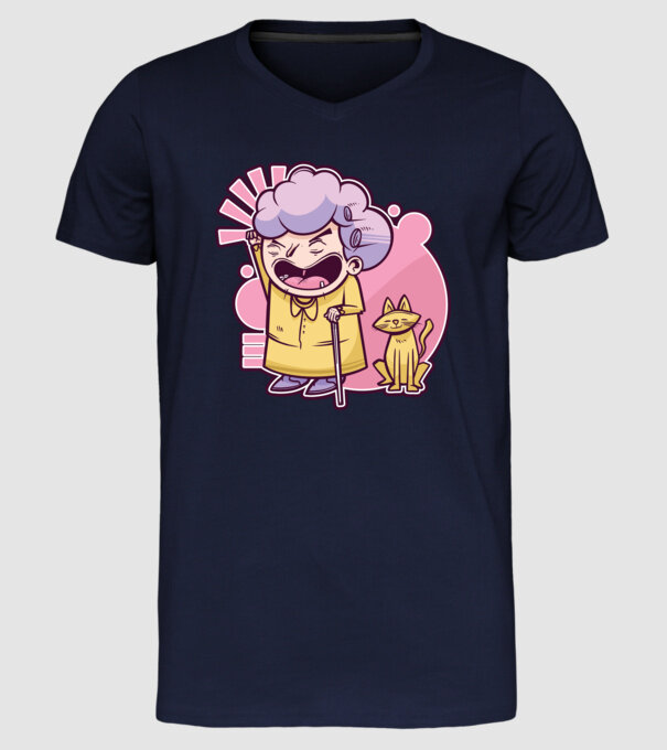 Bunică cu pisică model albastru închis pe tricou