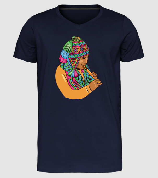 Muzician peruan indigen model albastru închis pe tricou