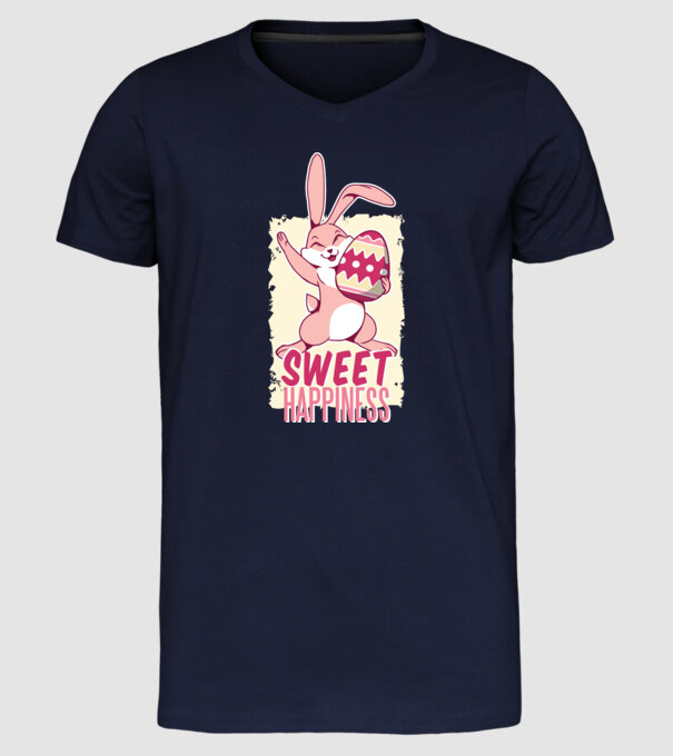Sweet Happiness pentru Paște tricou cu iepuraș model albastru închis pe tricou