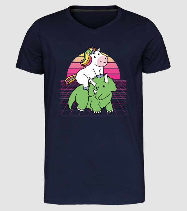 Unicorn pe dinozaur retro model albastru închis pe tricou