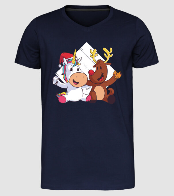 Unicorn și Ren prietenie tricou drăguț de Crăciun model albastru închis pe tricou