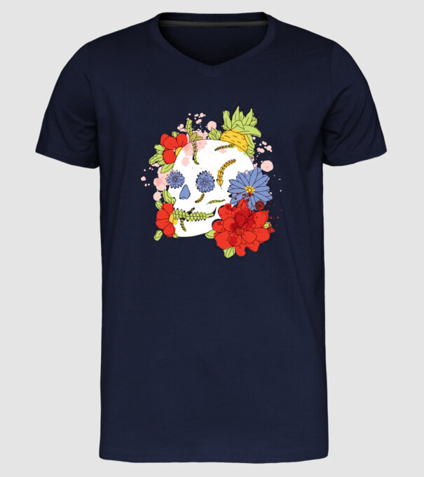 Craniu cu Flori model albastru închis pe tricou