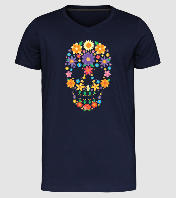 Craniu cu Flori model albastru închis pe tricou