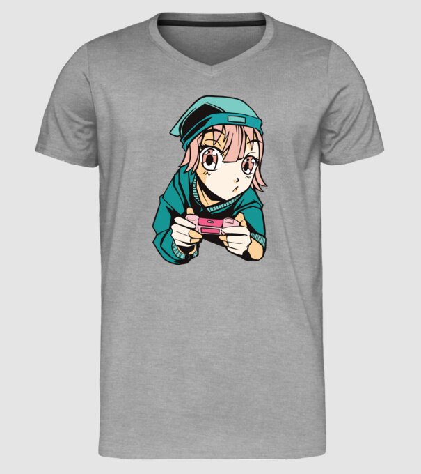 Anime fată Gamer model gri pe tricou