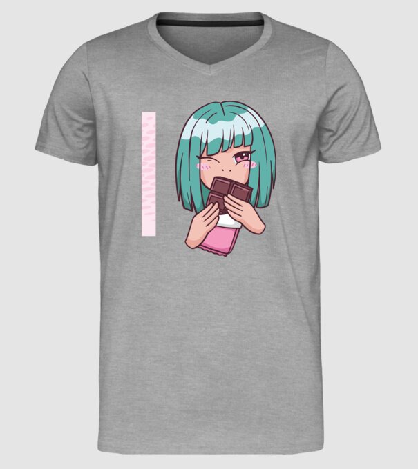 Anime fată cu ciocolată model gri pe tricou