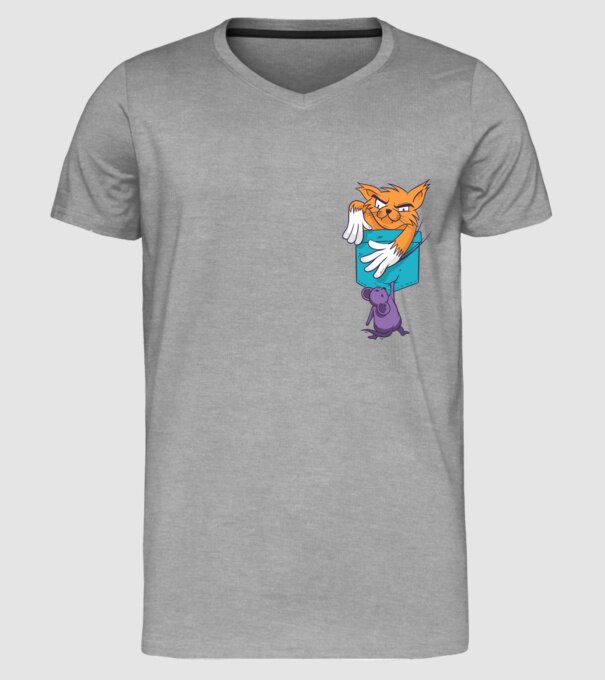 Pisică cu șoarece buzunar model gri pe tricou