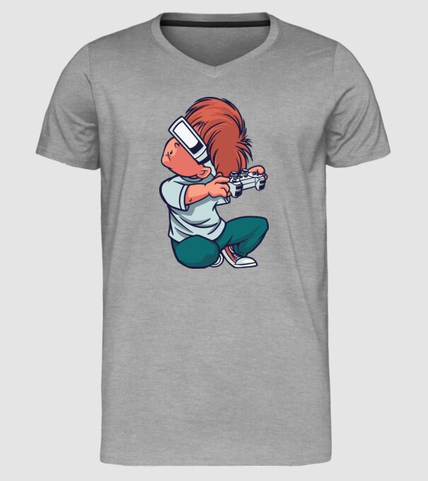 Băiat Gamer cu ochelari VR model gri pe tricou