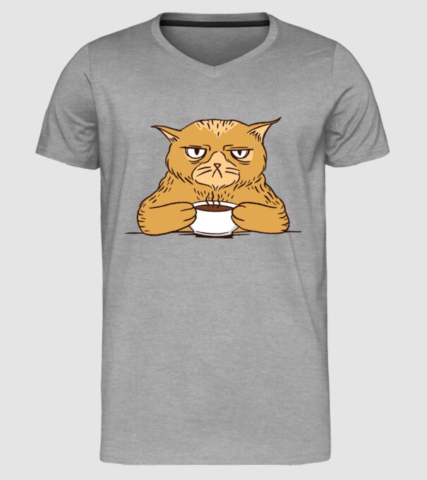 Grumpy Cat - Pisică supărată cu cafea model gri pe tricou
