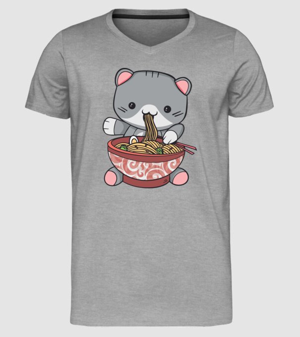 Pisică Kawaii Ramen model gri pe tricou
